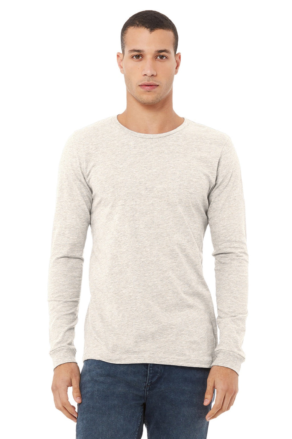 Bella + Canvas BC3513/3513 Mens Jersey Long Sleeve Crewneck T-Shirt Oatmeal Model Front