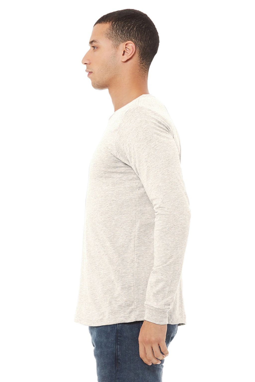 Bella + Canvas BC3513/3513 Mens Jersey Long Sleeve Crewneck T-Shirt Oatmeal Model Side