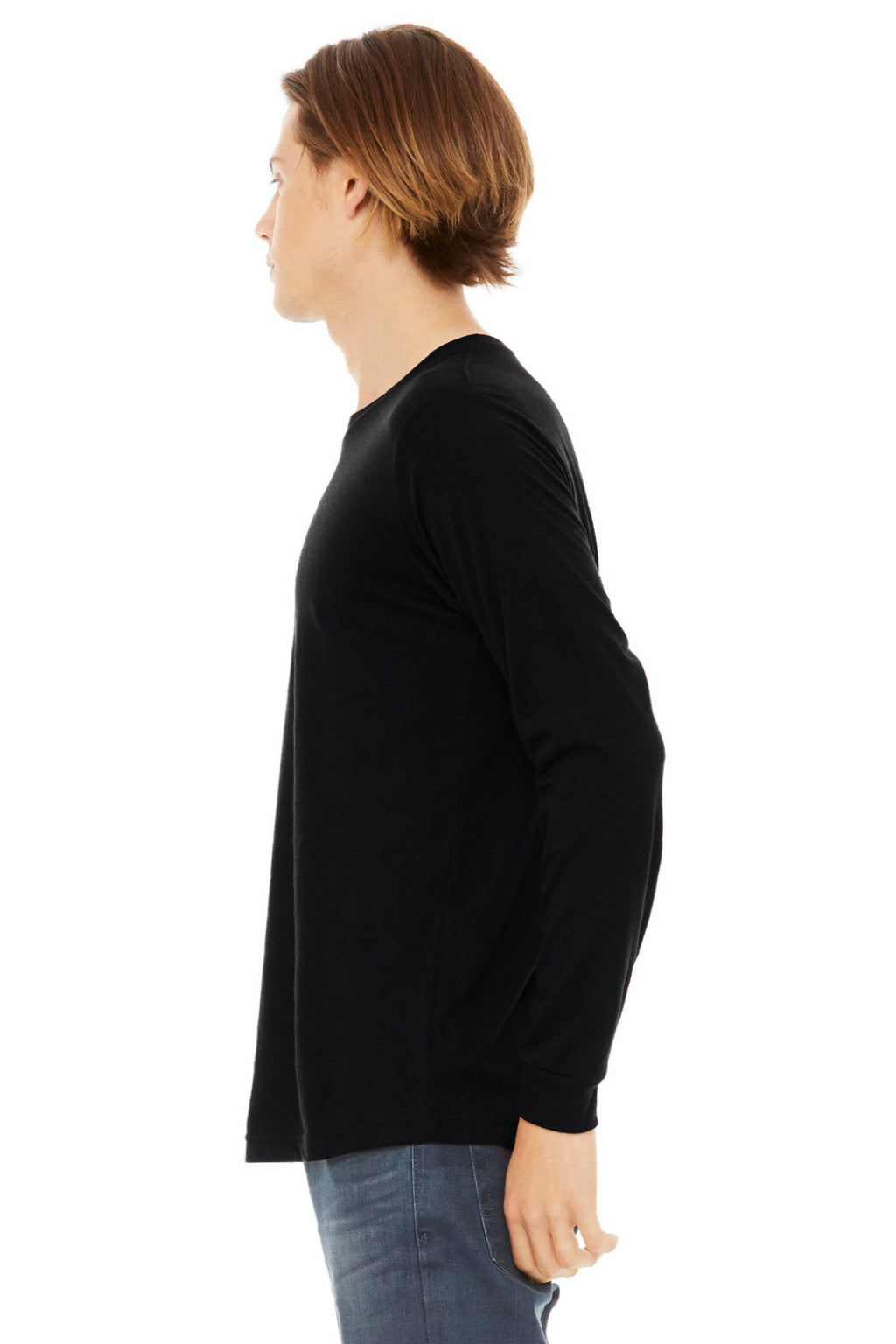 Bella + Canvas BC3513/3513 Mens Jersey Long Sleeve Crewneck T-Shirt Solid Dark Grey Model Side