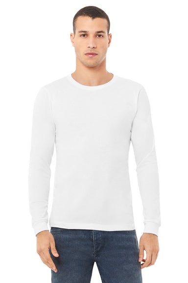 Bella + Canvas BC3513/3513 Mens Jersey Long Sleeve Crewneck T-Shirt Solid White Model Front