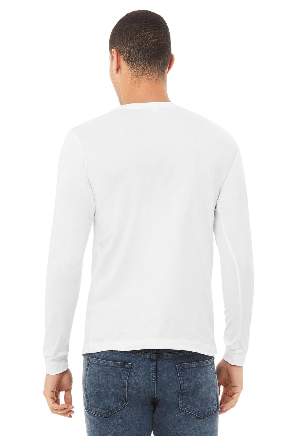 Bella + Canvas BC3513 Mens Long Sleeve Crewneck T-Shirt Solid White Model Back