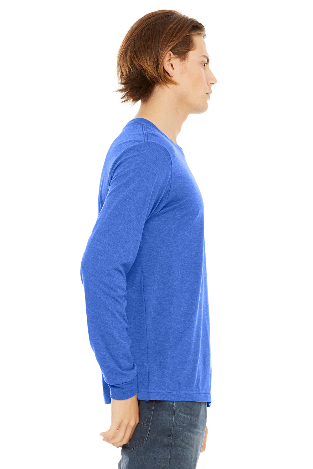 Bella + Canvas BC3501/3501 Mens Jersey Long Sleeve Crewneck T-Shirt True Royal Blue Triblend Model Side