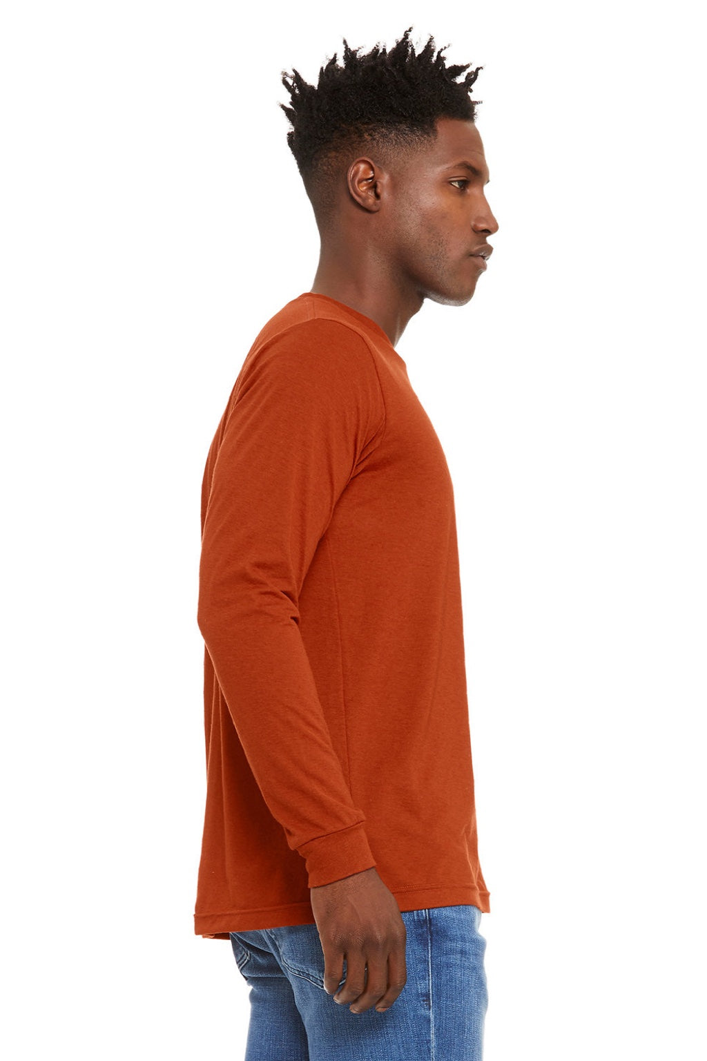 Bella + Canvas BC3513/3513 Mens Jersey Long Sleeve Crewneck T-Shirt Brick Red Model Side