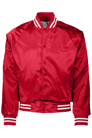 Augusta Sportswear 3610 Mens Water Resistant Snap Front Satin Baseball Jacket w/ Striped Trim Red/White Flat Front