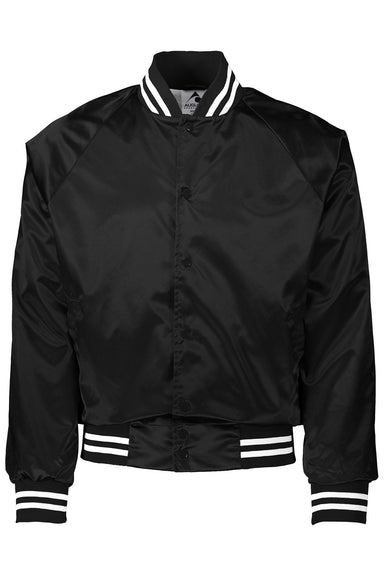 Augusta Sportswear 3610 Mens Water Resistant Snap Front Satin Baseball Jacket w/ Striped Trim Black/White Flat Front