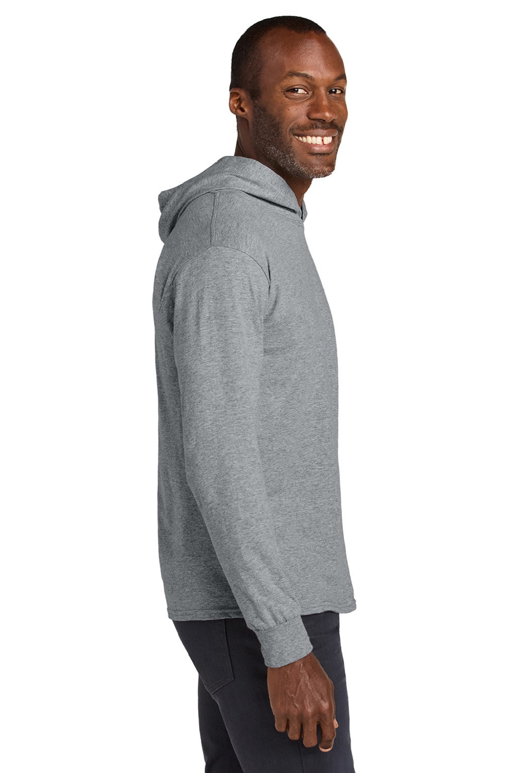 Jerzees 363LH Mens Classics Long Sleeve Hooded T-Shirt Hoodie Heather Grey Model Side