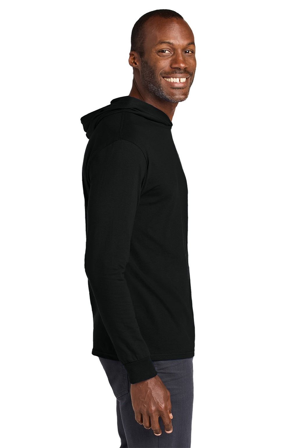 Jerzees 363LH Mens Classics Long Sleeve Hooded T-Shirt Hoodie Black Ink Model Side