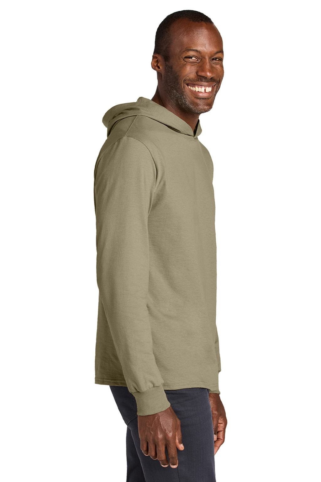 Jerzees 363LH Mens Classics Long Sleeve Hooded T-Shirt Hoodie Khaki Brown Model Side