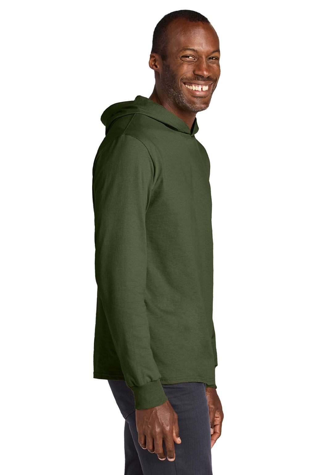Jerzees 363LH Mens Classics Long Sleeve Hooded T-Shirt Hoodie Military Green Model Side