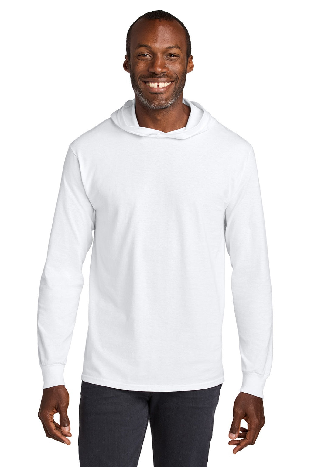 Jerzees 363LH Mens Classics Long Sleeve Hooded T-Shirt Hoodie White Model Front