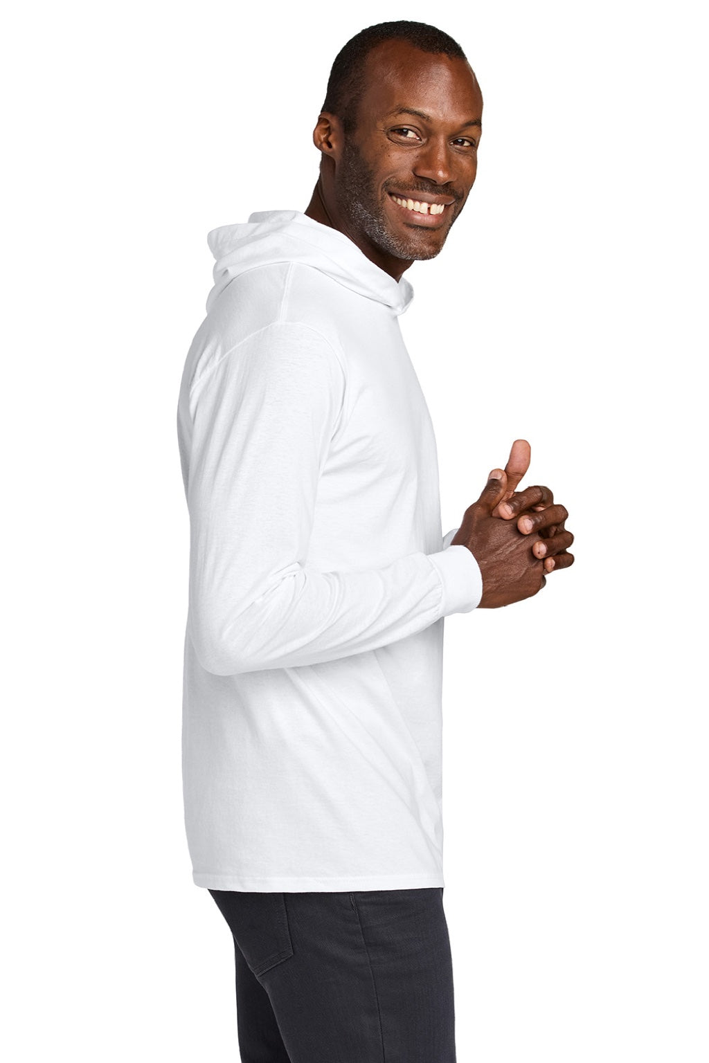 Jerzees 363LH Mens Classics Long Sleeve Hooded T-Shirt Hoodie White Model Side