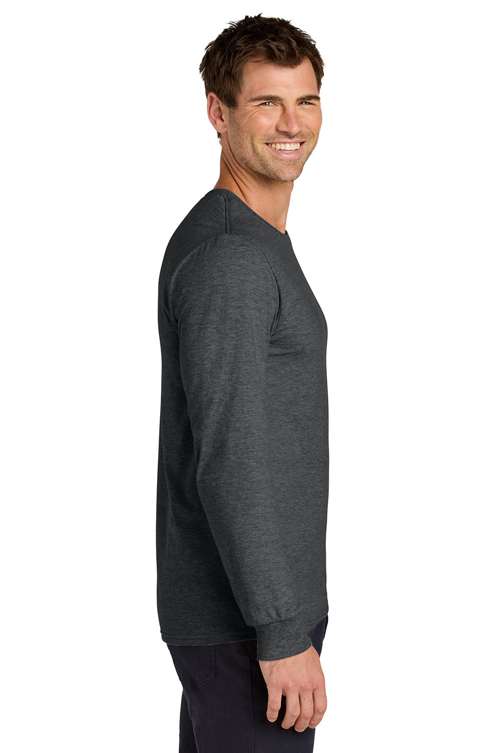 Jerzees 363L Mens Classics Long Sleeve Crewneck T-Shirt Heather Black Model Side