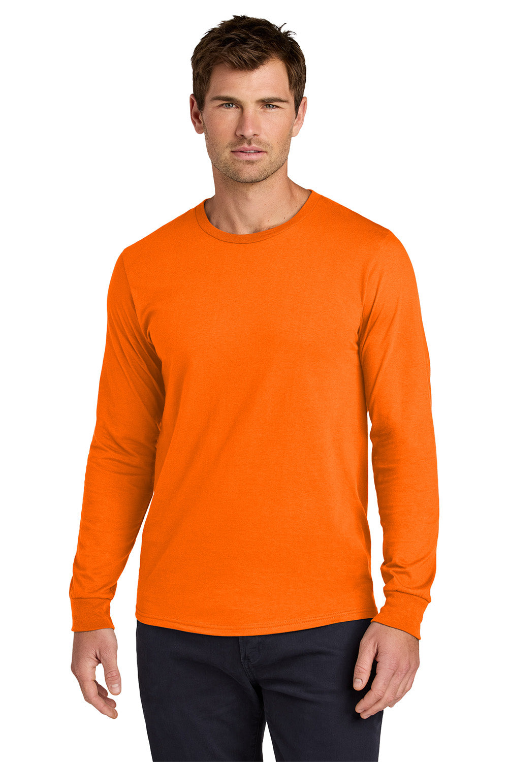 Jerzees 363L Mens Classics Long Sleeve Crewneck T-Shirt Safety Orange Model Front