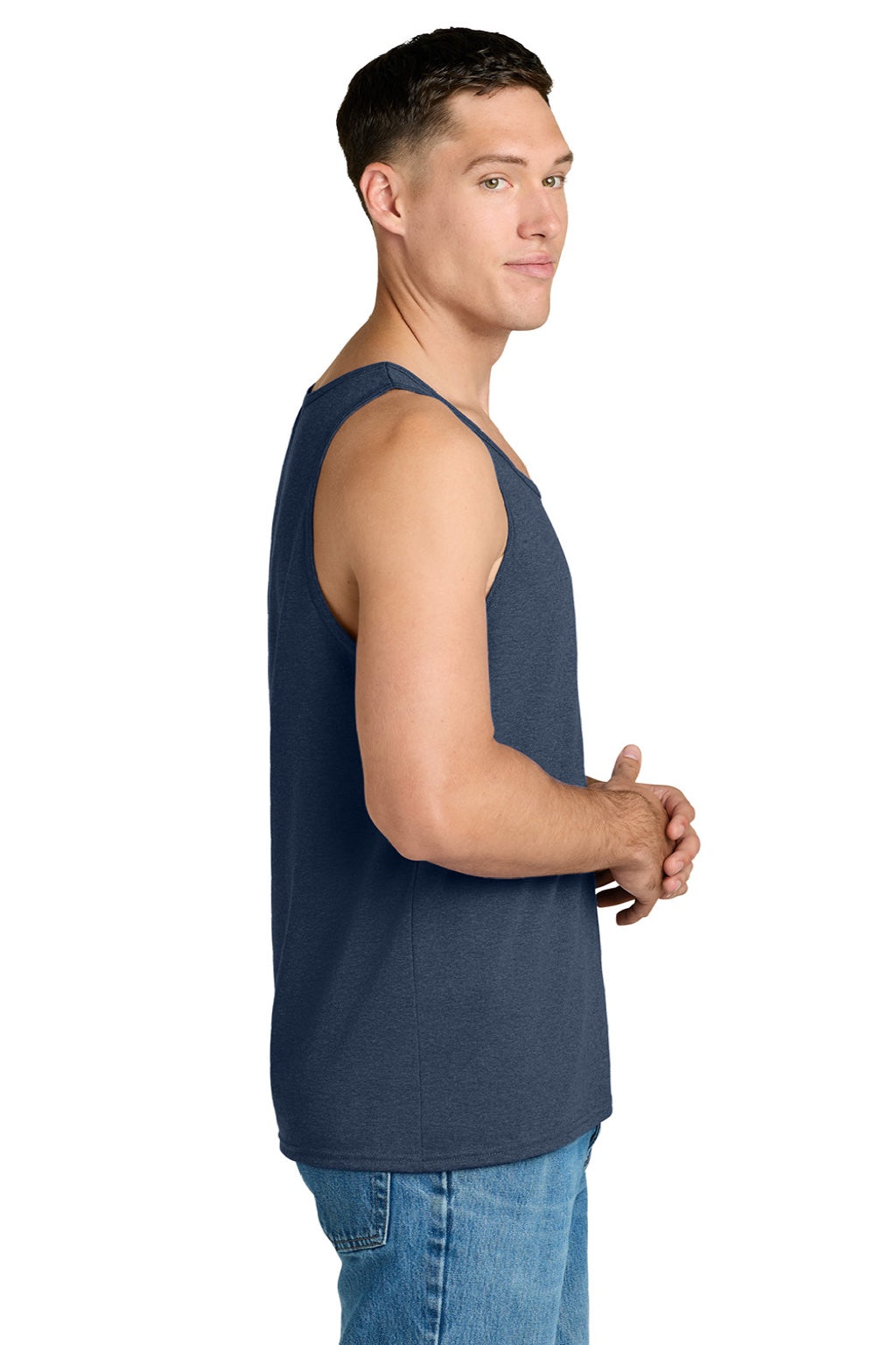 Jerzees 363TK Mens Classic Cotton Tank Top Heather Vintage Navy Blue Model Side
