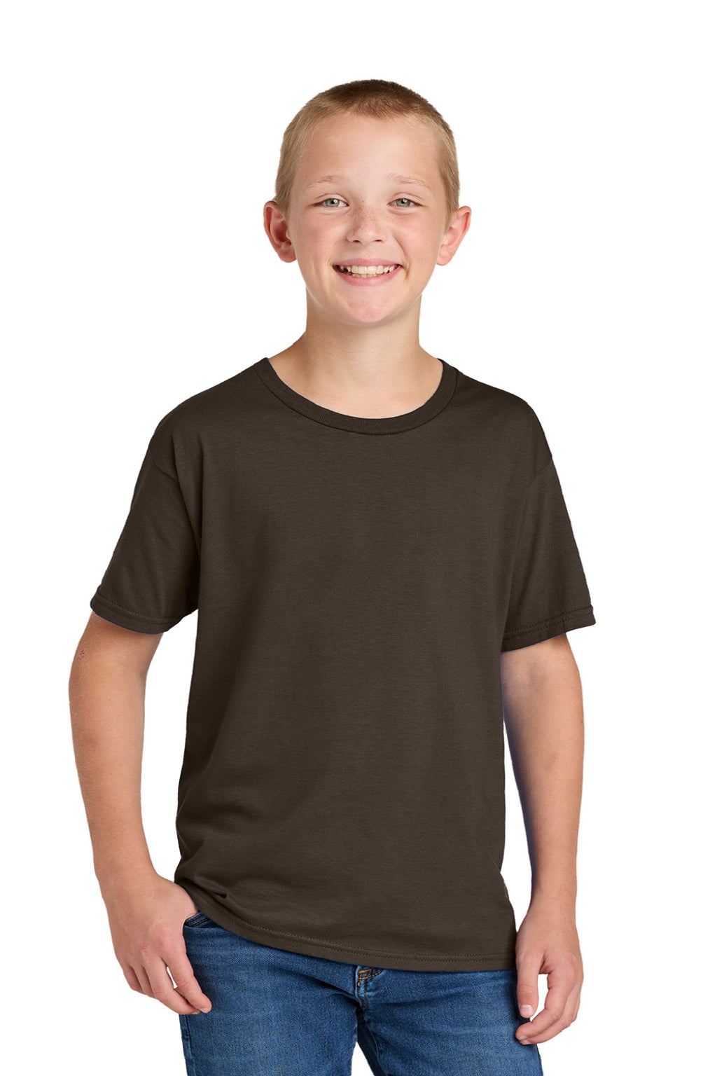 Jerzees 363Y Youth Classics Short Sleeve Crewneck T-Shirt Chocolate Brown Model Front