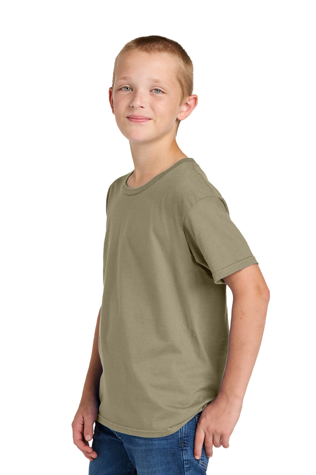 Jerzees 363Y Youth Classics Short Sleeve Crewneck T-Shirt Khaki Brown Model Side
