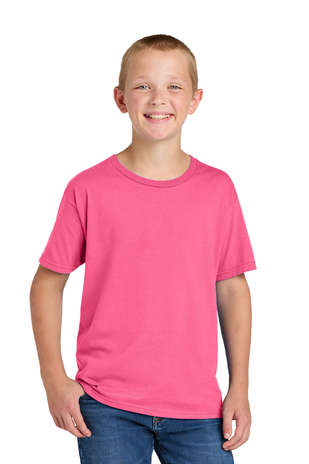 Jerzees 363Y Youth Classics Short Sleeve Crewneck T-Shirt Neon Pink Model Front