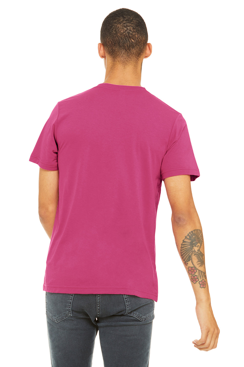 Bella + Canvas BC3650/3650 Mens Short Sleeve Crewneck T-Shirt Berry Pink Model Back
