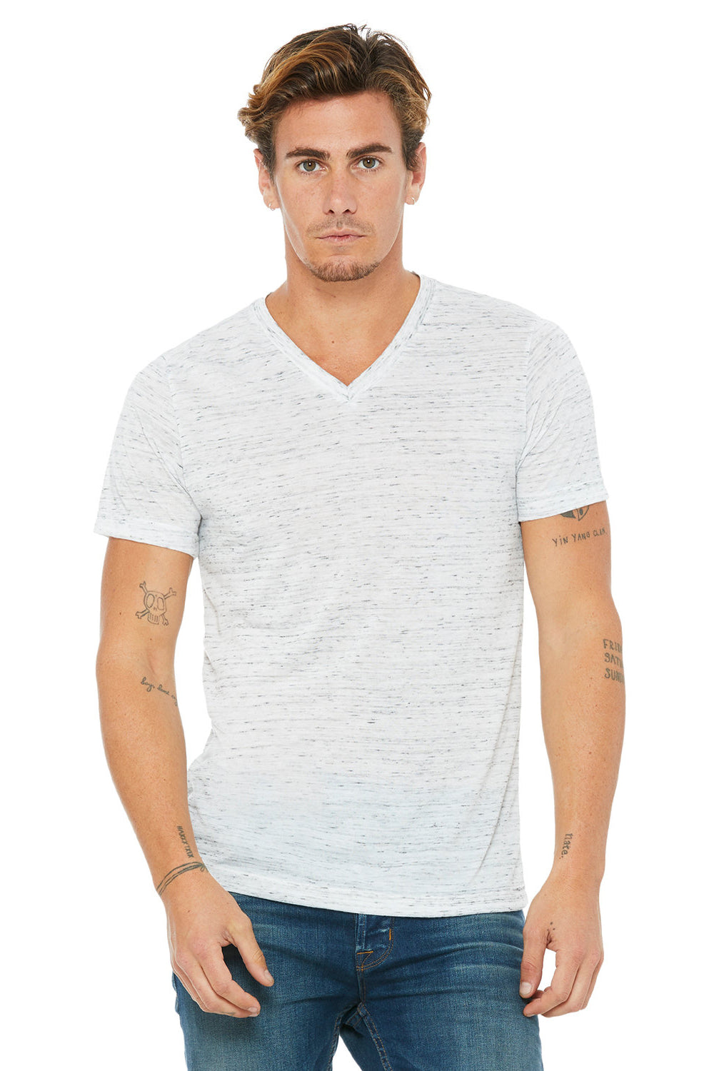 Bella + Canvas BC3005/3005/3655C Mens Jersey Short Sleeve V-Neck T-Shirt White Marble Model Front