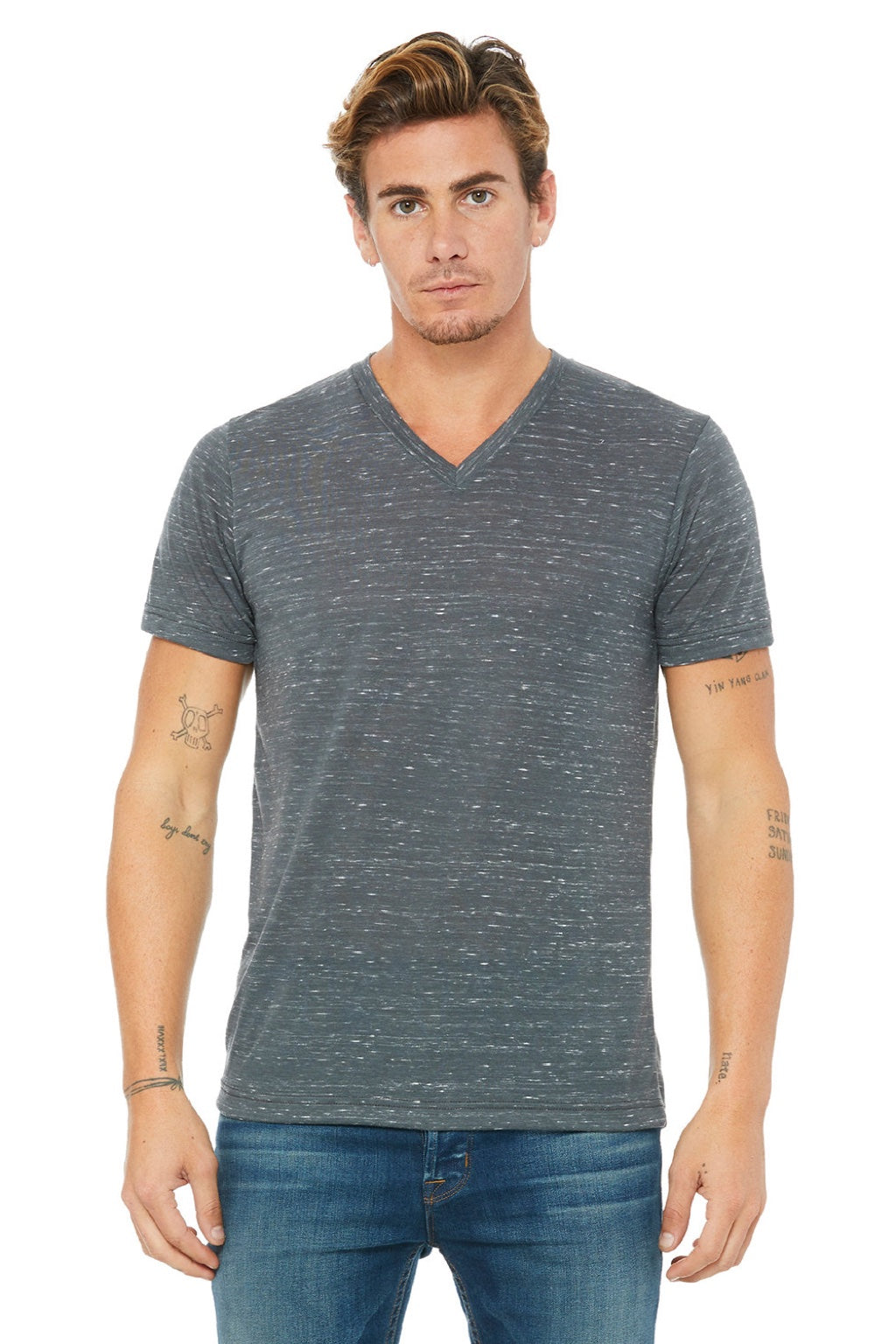 Bella + Canvas BC3655/3655C Mens Textured Jersey Short Sleeve V-Neck T-Shirt Charcoal Grey Marble Model Front
