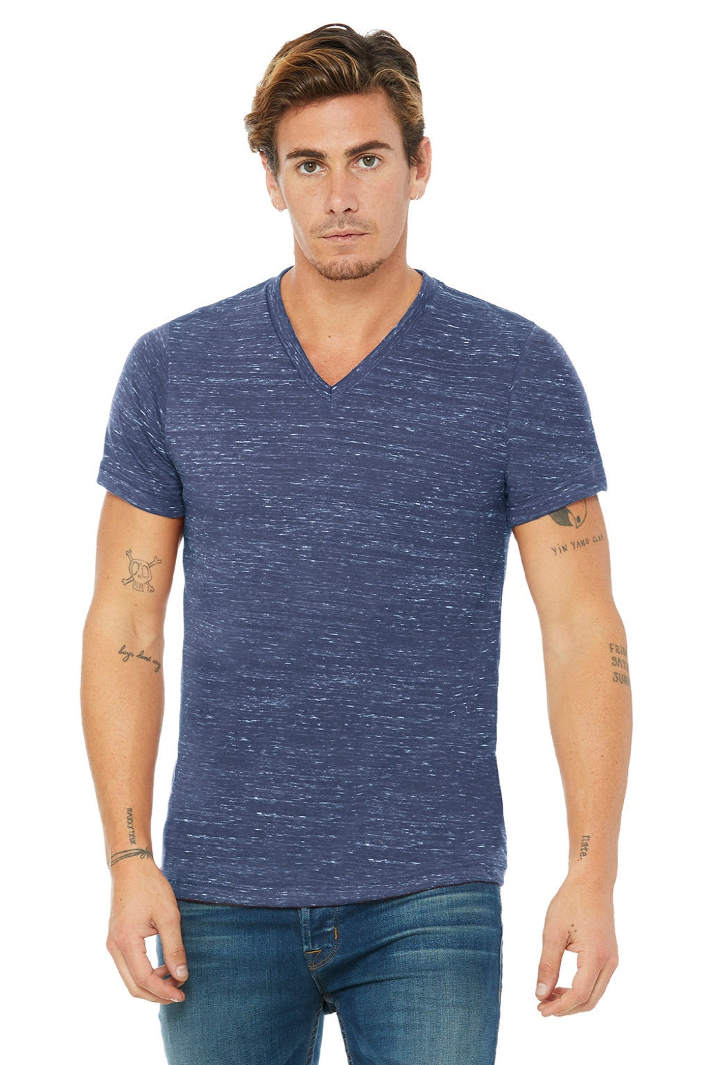 Bella + Canvas BC3655/3655C Mens Textured Jersey Short Sleeve V-Neck T-Shirt Navy Blue Marble Model Front