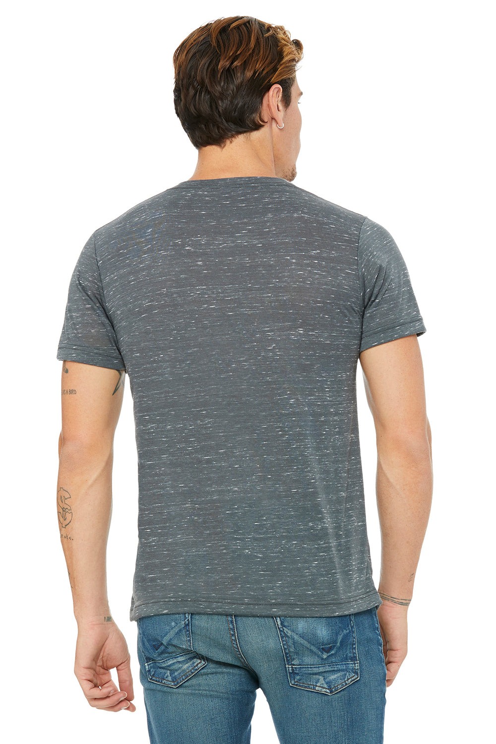 Bella + Canvas BC3005/3005/3655C Mens Jersey Short Sleeve V-Neck T-Shirt Charcoal Grey Marble Model Back