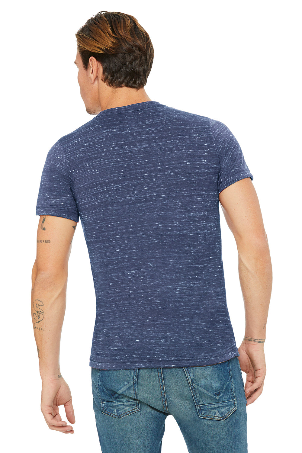 Bella + Canvas BC3005/3005/3655C Mens Jersey Short Sleeve V-Neck T-Shirt Navy Blue Marble Model Back