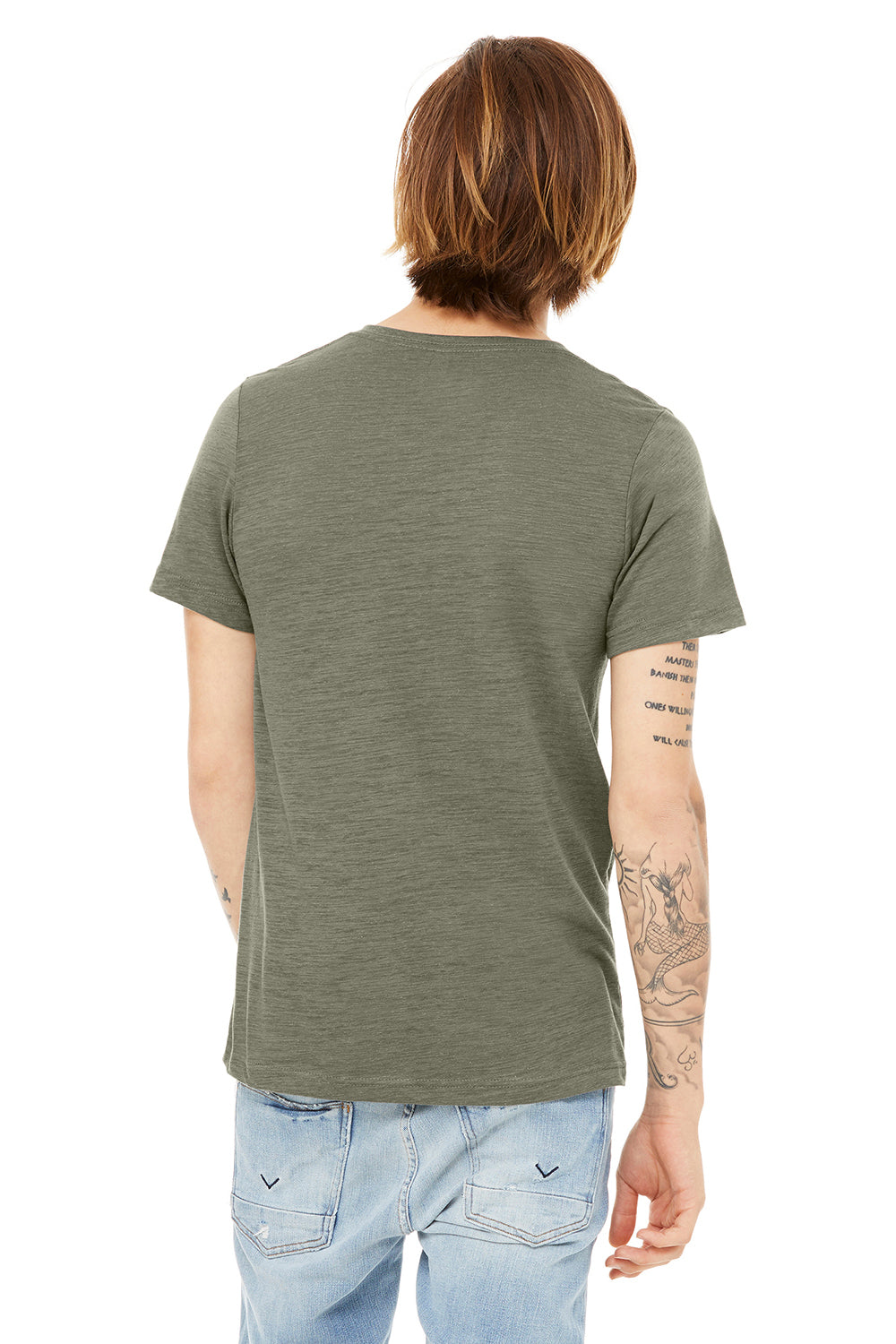 Bella + Canvas BC3005/3005/3655C Mens Jersey Short Sleeve V-Neck T-Shirt Olive Green Slub Model Back