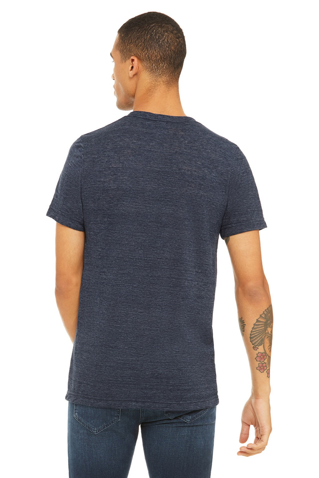 Bella + Canvas BC3655/3655C Mens Textured Jersey Short Sleeve V-Neck T-Shirt Navy Blue Slub Model Back