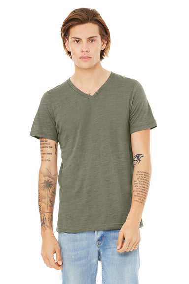 Bella + Canvas BC3005/3005/3655C Mens Jersey Short Sleeve V-Neck T-Shirt Olive Green Slub Model Front