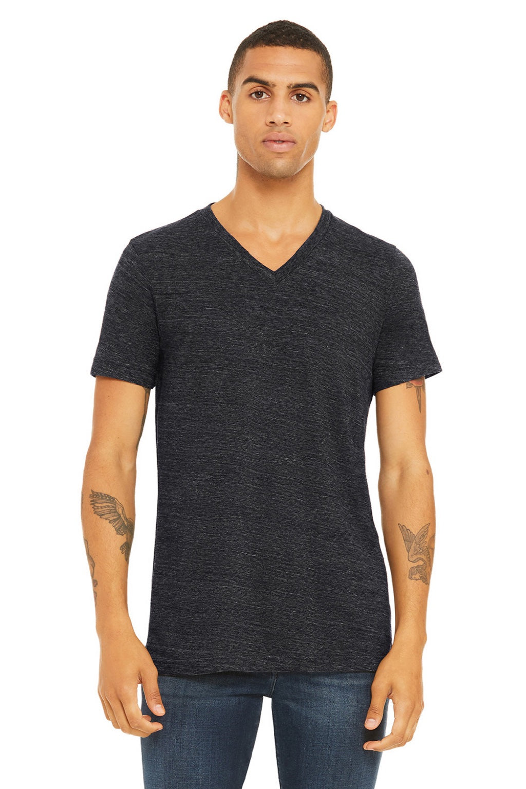 Bella + Canvas BC3655/3655C Mens Textured Jersey Short Sleeve V-Neck T-Shirt Charcoal Black Slub Model Front