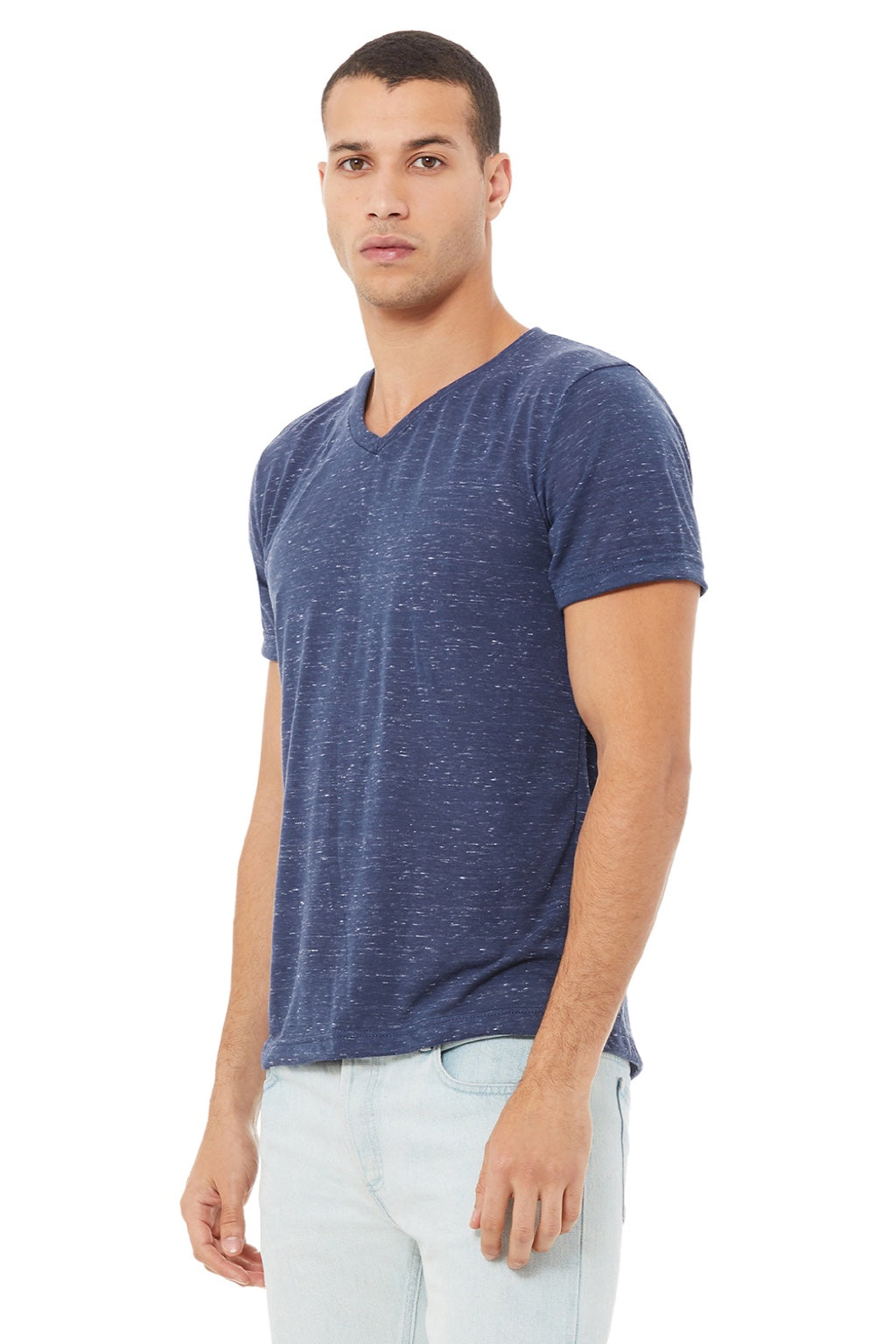 Bella + Canvas BC3655/3655C Mens Textured Jersey Short Sleeve V-Neck T-Shirt Navy Blue Marble Model 3Q
