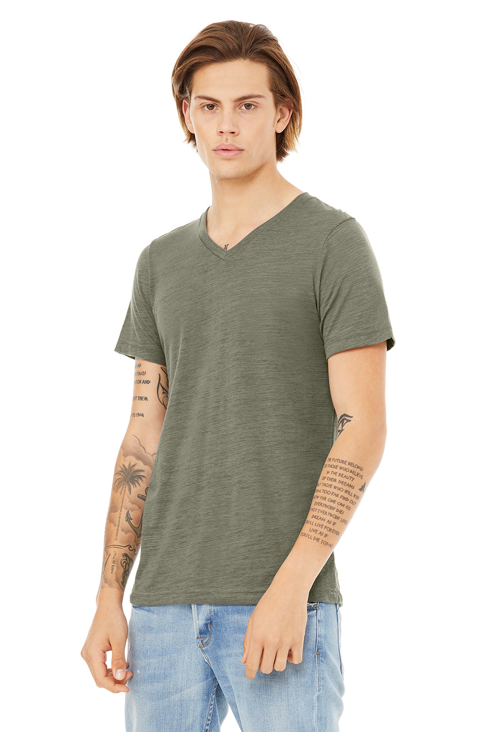 Bella + Canvas BC3005/3005/3655C Mens Jersey Short Sleeve V-Neck T-Shirt Olive Green Slub Model 3Q