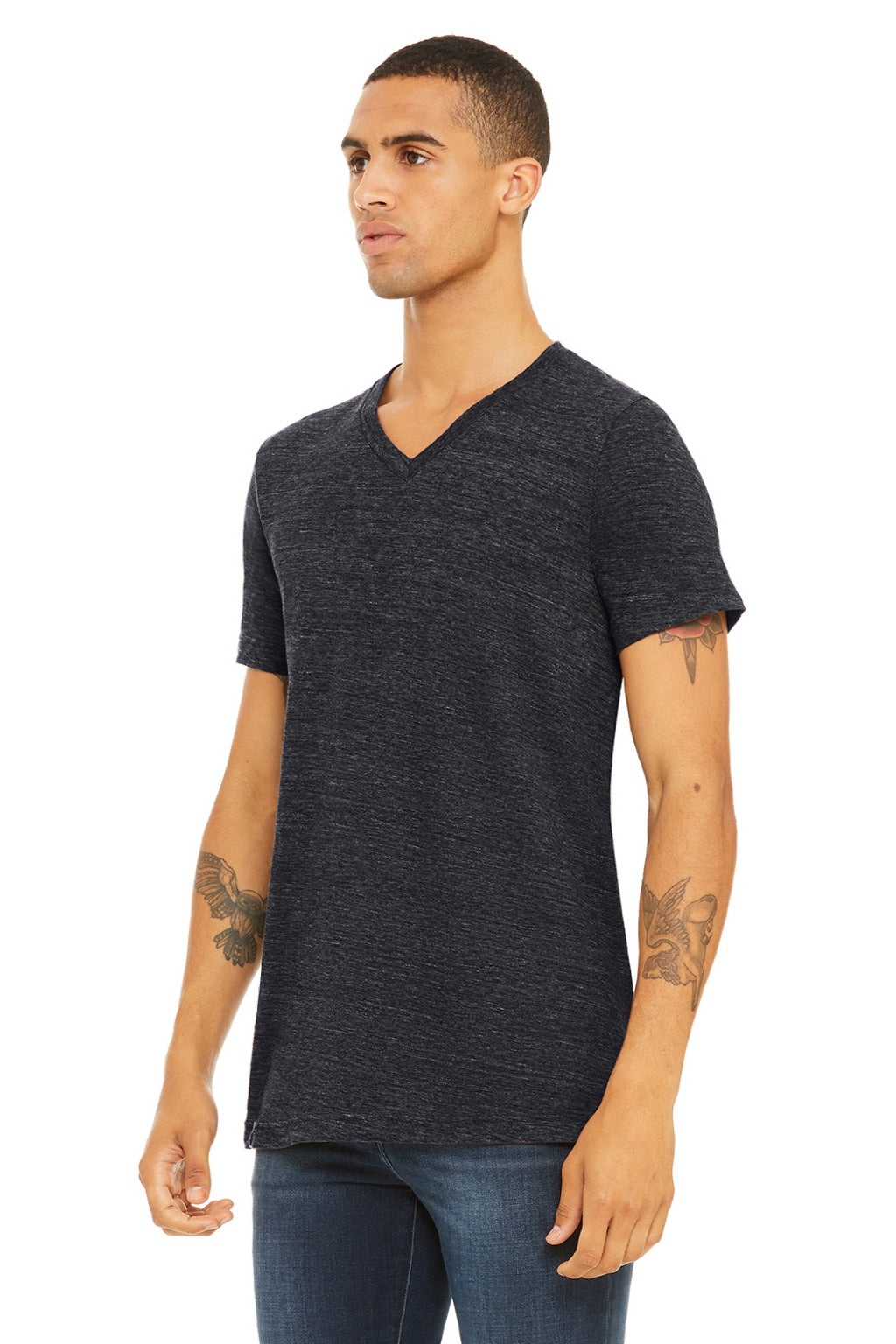 Bella + Canvas BC3655/3655C Mens Textured Jersey Short Sleeve V-Neck T-Shirt Charcoal Black Slub Model 3Q