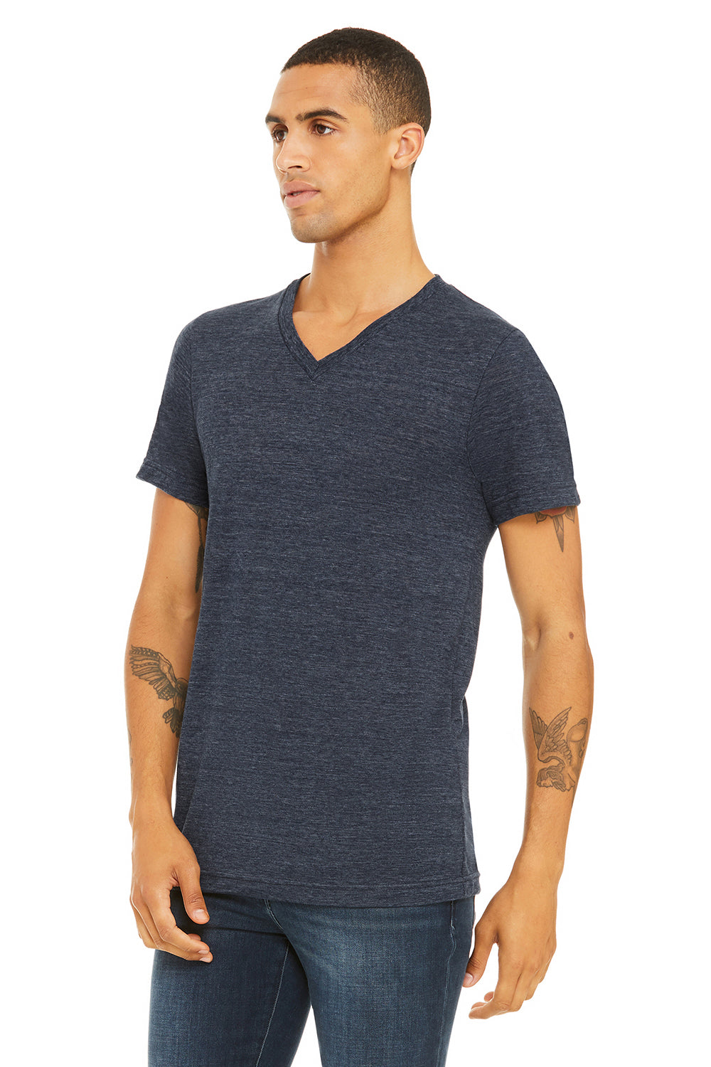 Bella + Canvas BC3005/3005/3655C Mens Jersey Short Sleeve V-Neck T-Shirt Navy Blue Slub Model 3Q