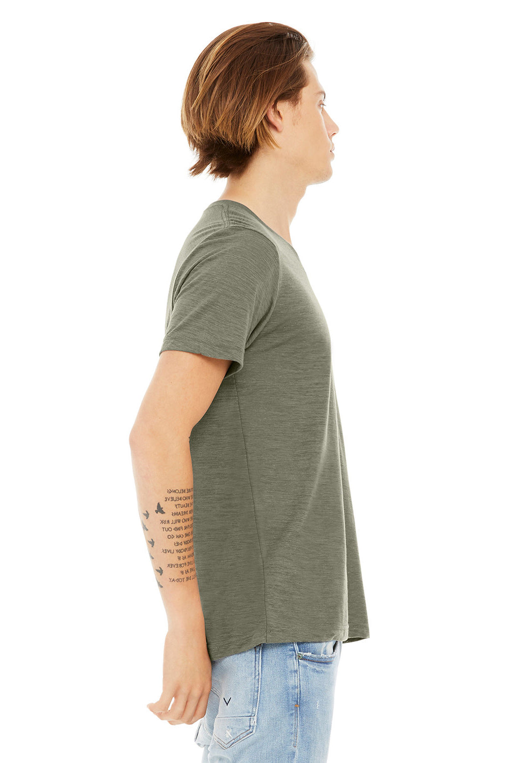 Bella + Canvas BC3005/3005/3655C Mens Jersey Short Sleeve V-Neck T-Shirt Olive Green Slub Model Side