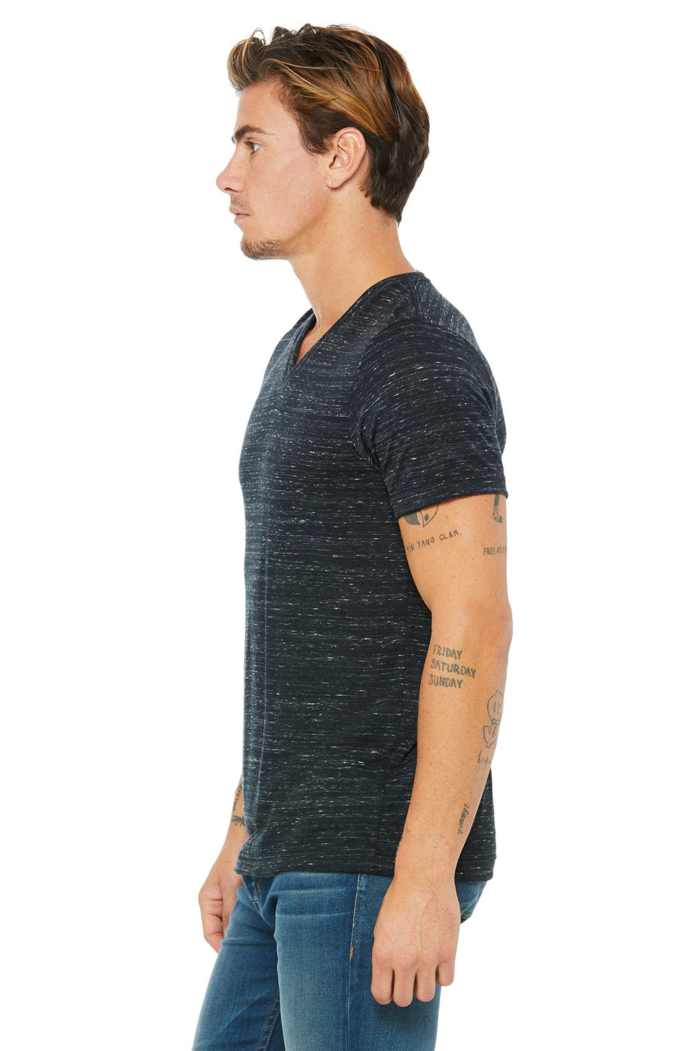 Bella + Canvas BC3005/3005/3655C Mens Jersey Short Sleeve V-Neck T-Shirt Black Marble Model Side