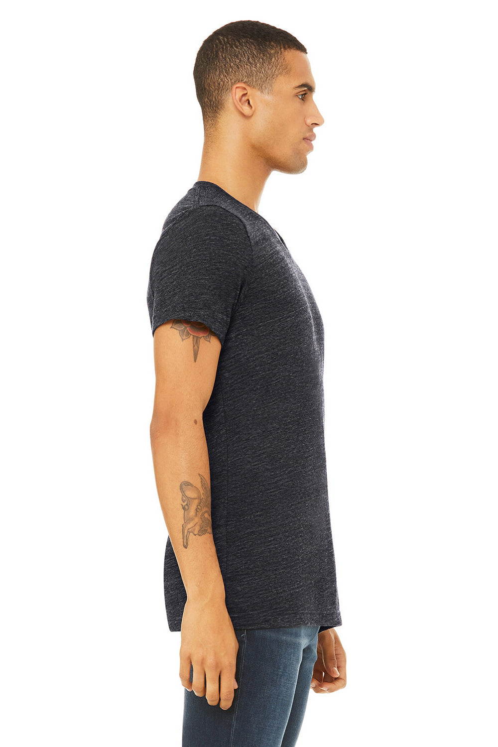 Bella + Canvas BC3005/3005/3655C Mens Jersey Short Sleeve V-Neck T-Shirt Charcoal Black Slub Model Side