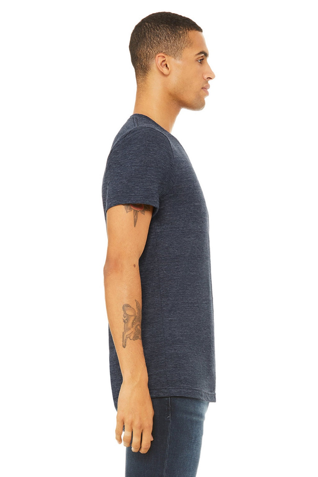 Bella + Canvas BC3655/3655C Mens Textured Jersey Short Sleeve V-Neck T-Shirt Navy Blue Slub Model Side