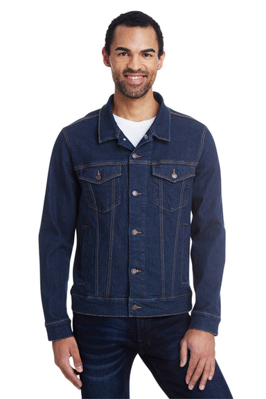 Threadfast Apparel 370J Mens Button Down Denim Jacket Dark Blue Model Front