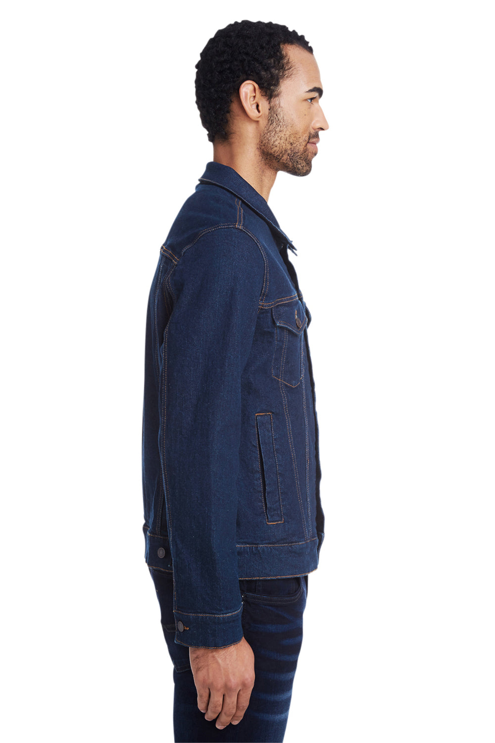 Threadfast Apparel 370J Mens Button Down Denim Jacket Dark Blue Model Side