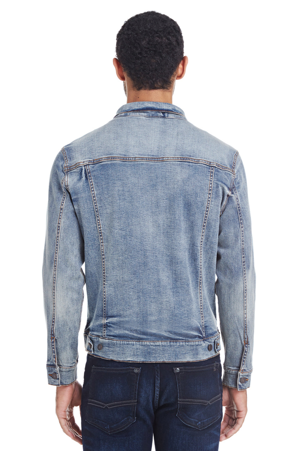 Threadfast Apparel 370J Mens Button Down Denim Jacket Light Blue Model Back