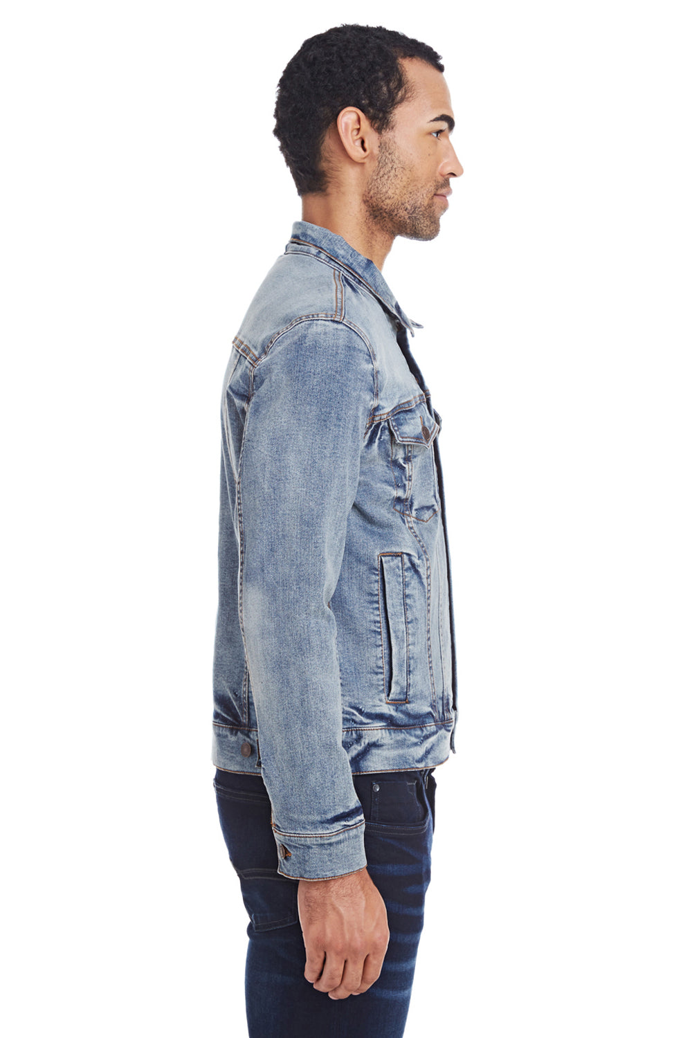 Threadfast Apparel 370J Mens Button Down Denim Jacket Light Blue Model Side