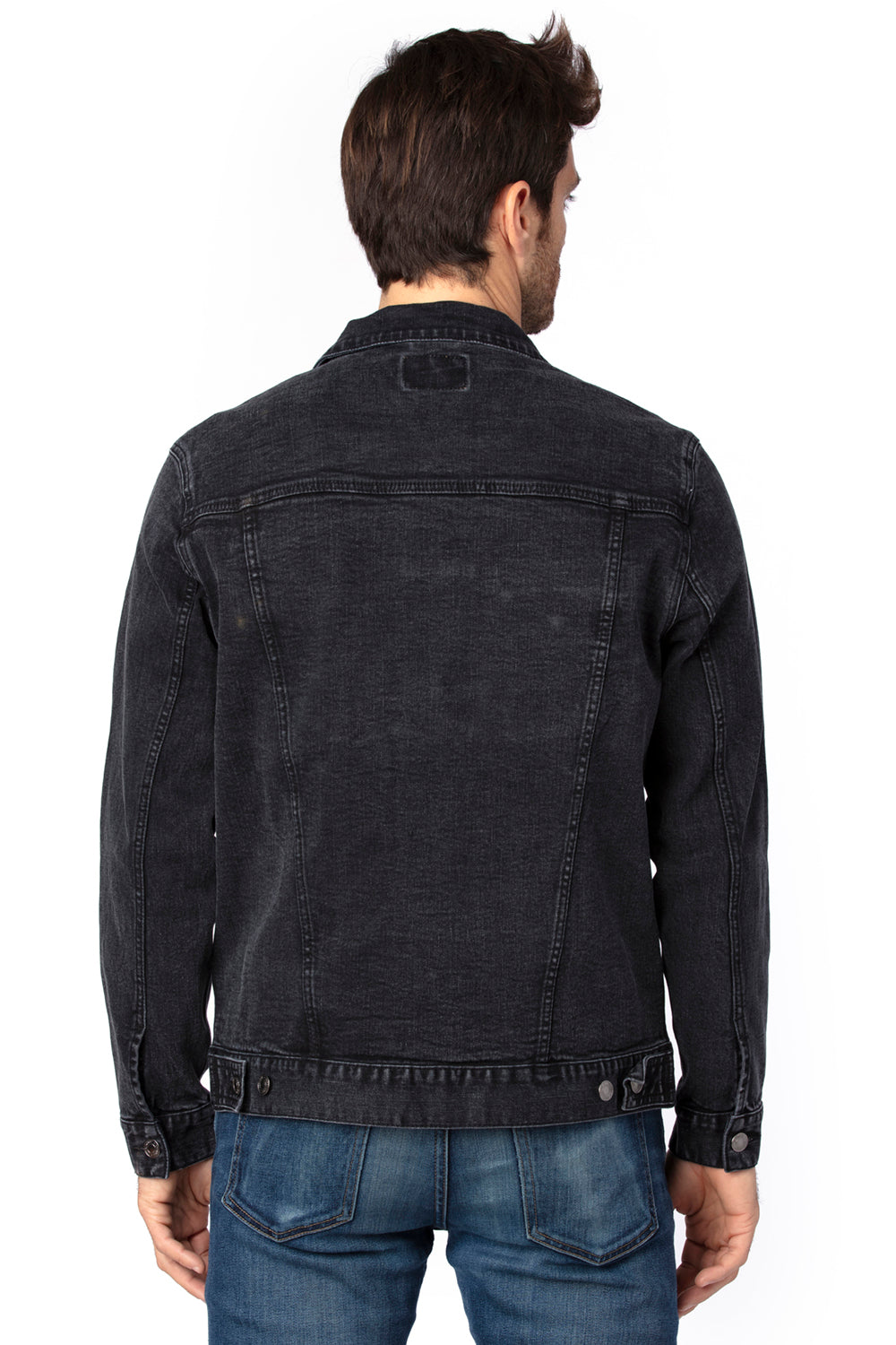 Threadfast Apparel 370J Mens Button Down Denim Jacket Black Model Back