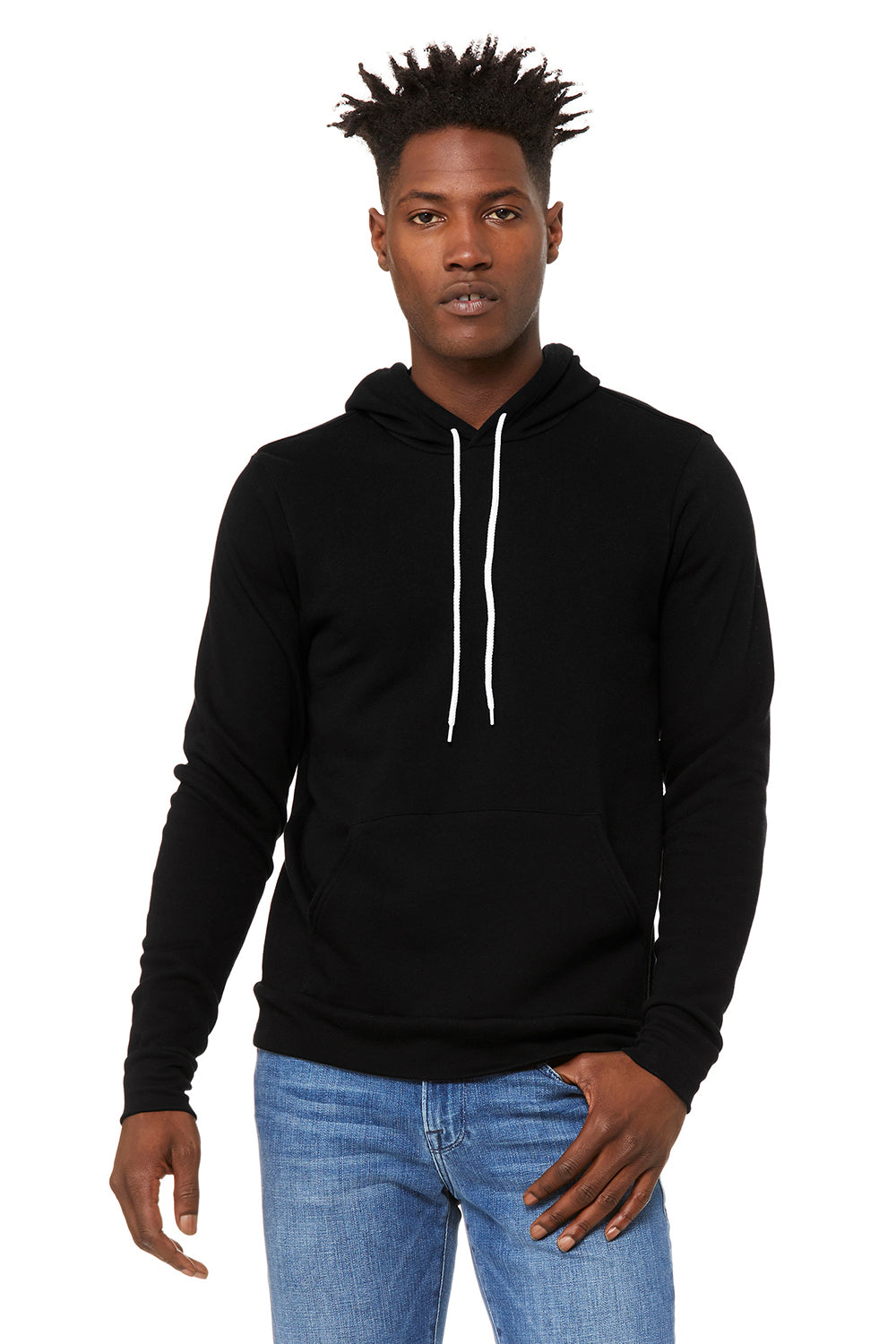 Bella + Canvas BC3719/3719 Mens Sponge Fleece Hooded Sweatshirt Hoodie DTG Black Model Front