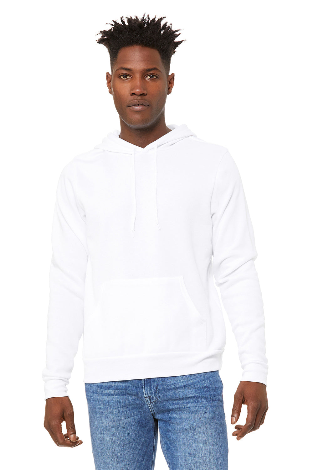 Bella + Canvas BC3719/3719 Mens Sponge Fleece Hooded Sweatshirt Hoodie DTG White Model Front