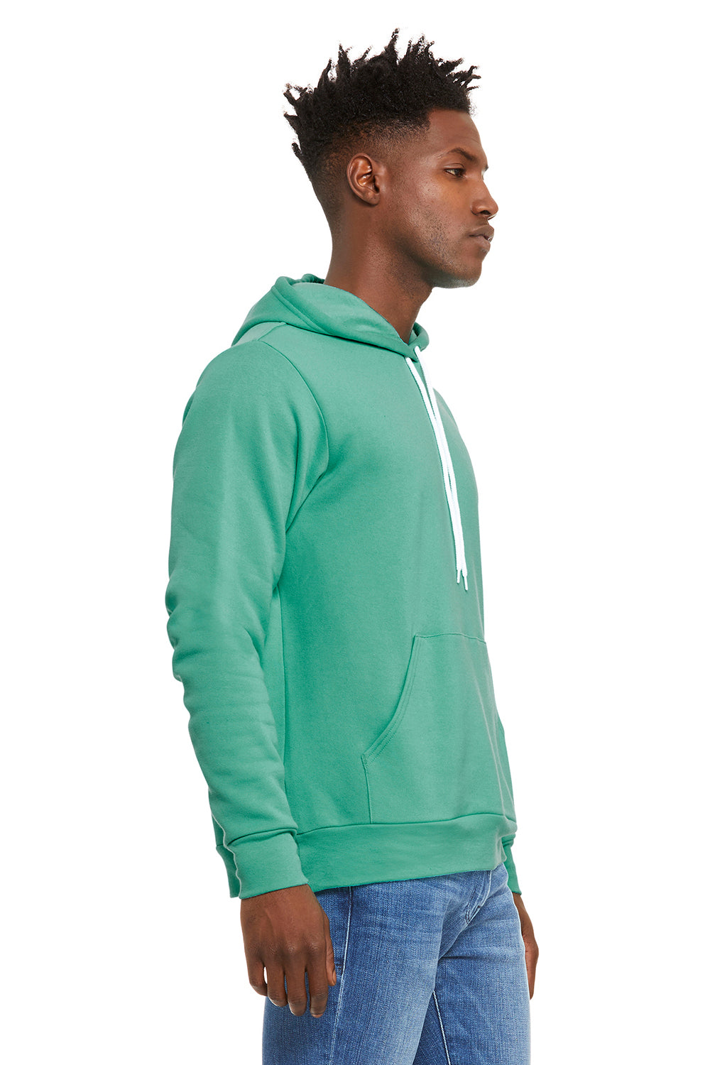 Bella + Canvas BC3719/3719 Mens Sponge Fleece Hooded Sweatshirt Hoodie Teal Green Model Side