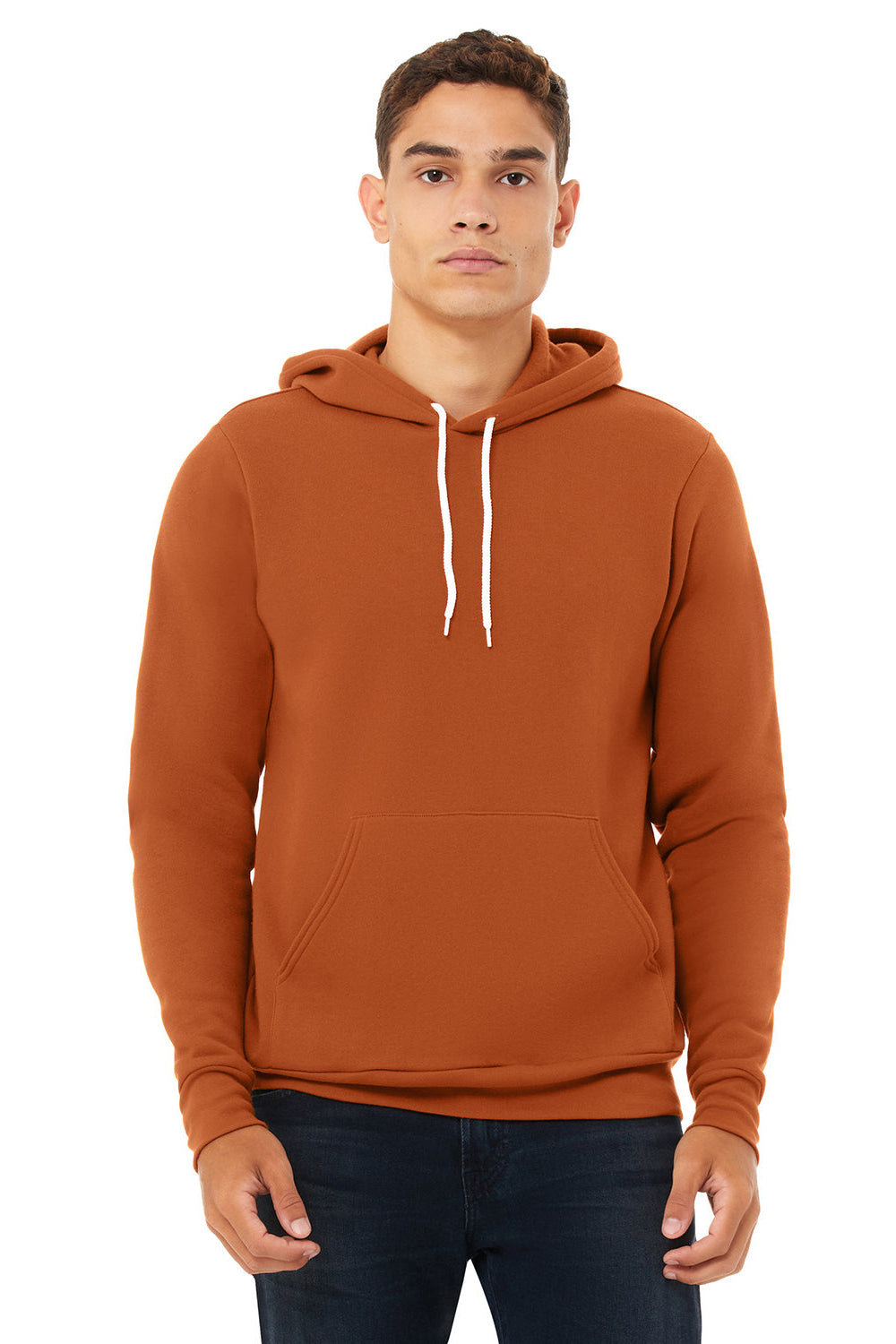 Bella + Canvas BC3719/3719 Mens Sponge Fleece Hooded Sweatshirt Hoodie Autumn Orange Model Front