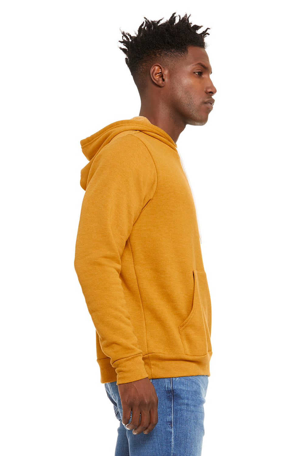 Bella + Canvas BC3719/3719 Mens Sponge Fleece Hooded Sweatshirt Hoodie Heather Mustard Yellow Model Side