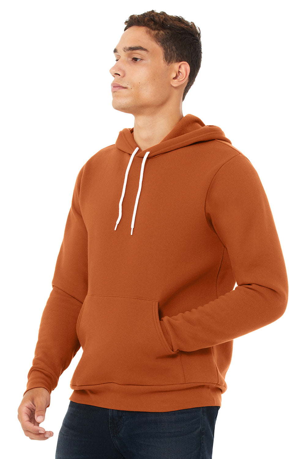 Bella + Canvas BC3719/3719 Mens Sponge Fleece Hooded Sweatshirt Hoodie Autumn Orange Model 3Q